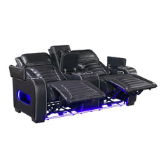 Cyber Black Power Double Reclining Loveseat With Center Console Power Headrests Storage Arms Cup Holders Wireless Speakers With Sub-woofer Air Massage Heat Led Lighting And Charging Ports - Ornate Home