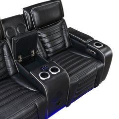 Cyber Black Power Double Reclining Loveseat With Center Console Power Headrests Storage Arms Cup Holders Wireless Speakers With Sub-woofer Air Massage Heat Led Lighting And Charging Ports - Ornate Home