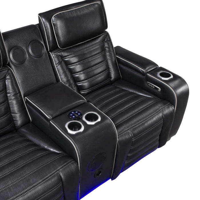 Cyber Black Power Double Reclining Loveseat With Center Console Power Headrests Storage Arms Cup Holders Wireless Speakers With Sub-woofer Air Massage Heat Led Lighting And Charging Ports - Ornate Home