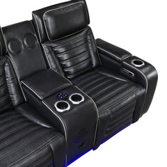 Cyber Black Power Double Reclining Loveseat With Center Console Power Headrests Storage Arms Cup Holders Wireless Speakers With Sub-woofer Air Massage Heat Led Lighting And Charging Ports - Ornate Home
