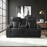 Cyber Black Power Double Reclining Loveseat With Center Console Power Headrests Storage Arms Cup Holders Wireless Speakers With Sub-woofer Air Massage Heat Led Lighting And Charging Ports - Ornate Home