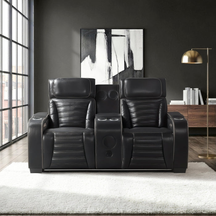 Cyber Black Power Double Reclining Loveseat With Center Console Power Headrests Storage Arms Cup Holders Wireless Speakers With Sub-woofer Air Massage Heat Led Lighting And Charging Ports - Ornate Home