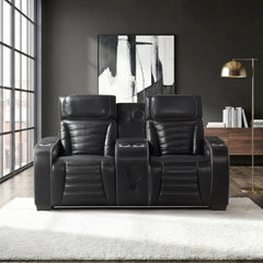 Cyber Black Power Double Reclining Loveseat With Center Console Power Headrests Storage Arms Cup Holders Wireless Speakers With Sub-woofer Air Massage Heat Led Lighting And Charging Ports - Ornate Home