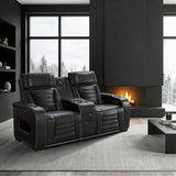 Cyber Black Power Double Reclining Loveseat With Center Console Power Headrests Storage Arms Cup Holders Wireless Speakers With Sub-woofer Air Massage Heat Led Lighting And Charging Ports - Ornate Home