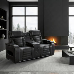 Cyber Black Power Double Reclining Loveseat With Center Console Power Headrests Storage Arms Cup Holders Wireless Speakers With Sub-woofer Air Massage Heat Led Lighting And Charging Ports - Ornate Home
