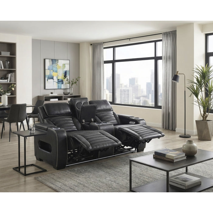 Cyber Black Power Double Reclining Loveseat With Center Console Power Headrests Storage Arms Cup Holders Wireless Speakers With Sub-woofer Air Massage Heat Led Lighting And Charging Ports - Ornate Home