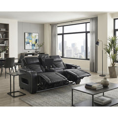 Cyber Black Power Double Reclining Loveseat With Center Console Power Headrests Storage Arms Cup Holders Wireless Speakers With Sub-woofer Air Massage Heat Led Lighting And Charging Ports - Ornate Home