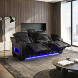 Cyber Black Power Double Reclining Loveseat With Center Console Power Headrests Storage Arms Cup Holders Wireless Speakers With Sub-woofer Air Massage Heat Led Lighting And Charging Ports - Ornate Home