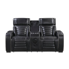 Cyber Black Power Double Reclining Loveseat With Center Console Power Headrests Storage Arms Cup Holders Wireless Speakers With Sub-woofer Air Massage Heat Led Lighting And Charging Ports - Ornate Home