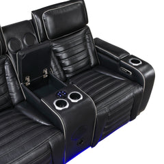 Cyber Black Power Double Reclining Loveseat With Center Console Power Headrests Storage Arms Cup Holders Wireless Speakers With Sub-woofer Air Massage Heat Led Lighting And Charging Ports - Ornate Home