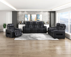 Cyber Black Power Double Reclining Loveseat With Center Console Power Headrests Storage Arms Cup Holders Wireless Speakers With Sub-woofer Air Massage Heat Led Lighting And Charging Ports - Ornate Home