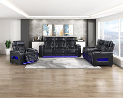 Cyber Black Power Double Reclining Loveseat With Center Console Power Headrests Storage Arms Cup Holders Wireless Speakers With Sub-woofer Air Massage Heat Led Lighting And Charging Ports - Ornate Home