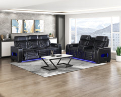Cyber Black Power Double Reclining Loveseat With Center Console Power Headrests Storage Arms Cup Holders Wireless Speakers With Sub-woofer Air Massage Heat Led Lighting And Charging Ports - Ornate Home