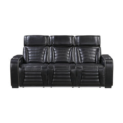 Cyber Black Power Double Reclining Sofa With Center Drop-down Cup Holders Power Headrests Storage Arms Cup Holders Reading Lights Wireless Charger Air Massage Heat Led Lighting And Charging Ports - Ornate Home