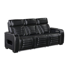 Cyber Black Power Double Reclining Sofa With Center Drop-down Cup Holders Power Headrests Storage Arms Cup Holders Reading Lights Wireless Charger Air Massage Heat Led Lighting And Charging Ports - Ornate Home