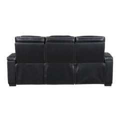 Cyber Black Power Double Reclining Sofa With Center Drop-down Cup Holders Power Headrests Storage Arms Cup Holders Reading Lights Wireless Charger Air Massage Heat Led Lighting And Charging Ports - Ornate Home