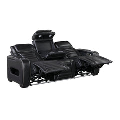 Cyber Black Power Double Reclining Sofa With Center Drop-down Cup Holders Power Headrests Storage Arms Cup Holders Reading Lights Wireless Charger Air Massage Heat Led Lighting And Charging Ports - Ornate Home