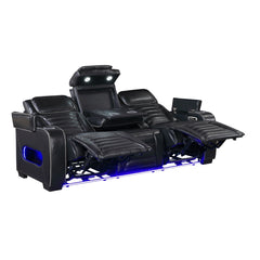 Cyber Black Power Double Reclining Sofa With Center Drop-down Cup Holders Power Headrests Storage Arms Cup Holders Reading Lights Wireless Charger Air Massage Heat Led Lighting And Charging Ports - Ornate Home