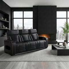 Cyber Black Power Double Reclining Sofa With Center Drop-down Cup Holders Power Headrests Storage Arms Cup Holders Reading Lights Wireless Charger Air Massage Heat Led Lighting And Charging Ports - Ornate Home