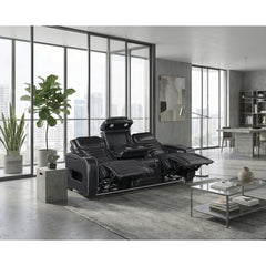 Cyber Black Power Double Reclining Sofa With Center Drop-down Cup Holders Power Headrests Storage Arms Cup Holders Reading Lights Wireless Charger Air Massage Heat Led Lighting And Charging Ports - Ornate Home