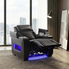 Cyber Black Power Reclining Chair With Power Headrest Cup Holder Storage Arms Air Massage Heat Led Lighting And Charging Ports - Ornate Home