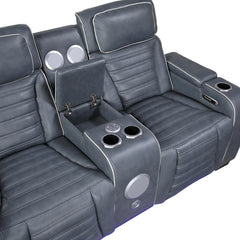 Cyber Blue Power Double Reclining Loveseat With Center Console Power Headrests Storage Arms Cup Holders Wireless Speakers With Sub-woofer Air Massage Heat Led Lighting And Charging Ports - Ornate Home