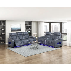 Cyber Blue Power Double Reclining Loveseat With Center Console Power Headrests Storage Arms Cup Holders Wireless Speakers With Sub-woofer Air Massage Heat Led Lighting And Charging Ports - Ornate Home