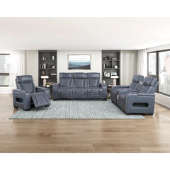 Cyber Blue Power Double Reclining Loveseat With Center Console Power Headrests Storage Arms Cup Holders Wireless Speakers With Sub-woofer Air Massage Heat Led Lighting And Charging Ports - Ornate Home