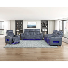 Cyber Blue Power Double Reclining Loveseat With Center Console Power Headrests Storage Arms Cup Holders Wireless Speakers With Sub-woofer Air Massage Heat Led Lighting And Charging Ports - Ornate Home