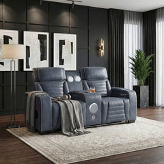 Cyber Blue Power Double Reclining Loveseat With Center Console Power Headrests Storage Arms Cup Holders Wireless Speakers With Sub-woofer Air Massage Heat Led Lighting And Charging Ports - Ornate Home