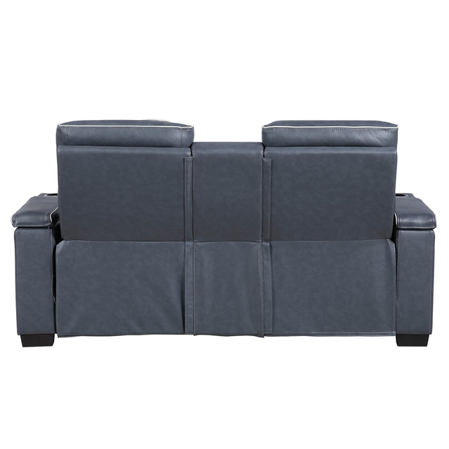 Cyber Blue Power Double Reclining Loveseat With Center Console Power Headrests Storage Arms Cup Holders Wireless Speakers With Sub-woofer Air Massage Heat Led Lighting And Charging Ports - Ornate Home