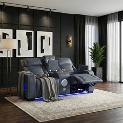 Cyber Blue Power Double Reclining Loveseat With Center Console Power Headrests Storage Arms Cup Holders Wireless Speakers With Sub-woofer Air Massage Heat Led Lighting And Charging Ports - Ornate Home