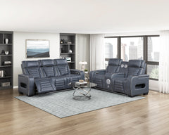 Cyber Blue Power Double Reclining Loveseat With Center Console Power Headrests Storage Arms Cup Holders Wireless Speakers With Sub-woofer Air Massage Heat Led Lighting And Charging Ports - Ornate Home