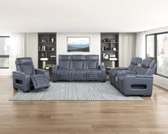 Cyber Blue Power Double Reclining Loveseat With Center Console Power Headrests Storage Arms Cup Holders Wireless Speakers With Sub-woofer Air Massage Heat Led Lighting And Charging Ports - Ornate Home
