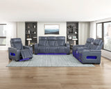 Cyber Blue Power Double Reclining Loveseat With Center Console Power Headrests Storage Arms Cup Holders Wireless Speakers With Sub-woofer Air Massage Heat Led Lighting And Charging Ports - Ornate Home
