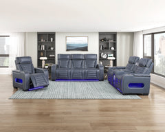 Cyber Blue Power Double Reclining Loveseat With Center Console Power Headrests Storage Arms Cup Holders Wireless Speakers With Sub-woofer Air Massage Heat Led Lighting And Charging Ports - Ornate Home