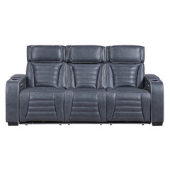 Cyber Blue Power Double Reclining Sofa With Center Drop-down Cup Holders Power Headrests Storage Arms Cup Holders Reading Lights Wireless Charger Air Massage Heat Led Lighting And Charging Ports - Ornate Home