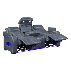 Cyber Blue Power Double Reclining Sofa With Center Drop-down Cup Holders Power Headrests Storage Arms Cup Holders Reading Lights Wireless Charger Air Massage Heat Led Lighting And Charging Ports - Ornate Home