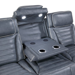 Cyber Blue Power Double Reclining Sofa With Center Drop-down Cup Holders Power Headrests Storage Arms Cup Holders Reading Lights Wireless Charger Air Massage Heat Led Lighting And Charging Ports - Ornate Home