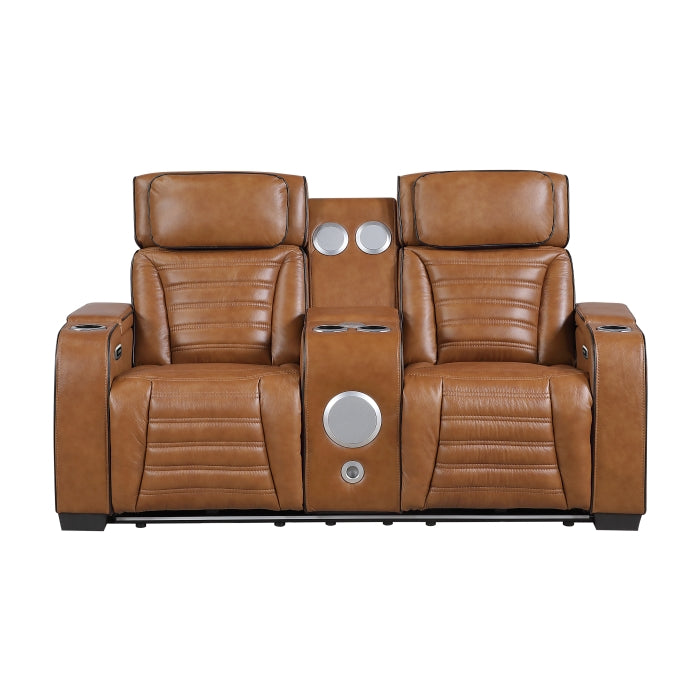 Cyber Brown Power Double Reclining Loveseat With Center Console Power Headrests Storage Arms Cup Holders Wireless Speakers With Sub-woofer Air Massage Heat Led Lighting And Charging Ports - Ornate Home