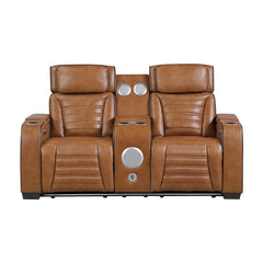 Cyber Brown Power Double Reclining Loveseat With Center Console Power Headrests Storage Arms Cup Holders Wireless Speakers With Sub-woofer Air Massage Heat Led Lighting And Charging Ports - Ornate Home