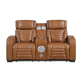 Cyber Brown Power Double Reclining Loveseat With Center Console Power Headrests Storage Arms Cup Holders Wireless Speakers With Sub-woofer Air Massage Heat Led Lighting And Charging Ports - Ornate Home