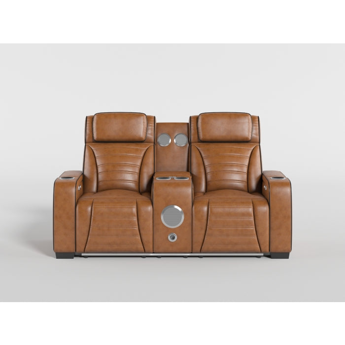 Cyber Brown Power Double Reclining Loveseat With Center Console Power Headrests Storage Arms Cup Holders Wireless Speakers With Sub-woofer Air Massage Heat Led Lighting And Charging Ports - Ornate Home