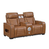 Cyber Brown Power Double Reclining Loveseat With Center Console Power Headrests Storage Arms Cup Holders Wireless Speakers With Sub-woofer Air Massage Heat Led Lighting And Charging Ports - Ornate Home