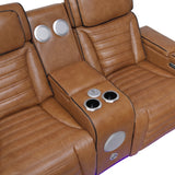 Cyber Brown Power Double Reclining Loveseat With Center Console Power Headrests Storage Arms Cup Holders Wireless Speakers With Sub-woofer Air Massage Heat Led Lighting And Charging Ports - Ornate Home