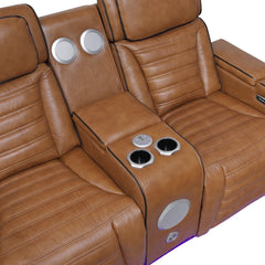 Cyber Brown Power Double Reclining Loveseat With Center Console Power Headrests Storage Arms Cup Holders Wireless Speakers With Sub-woofer Air Massage Heat Led Lighting And Charging Ports - Ornate Home