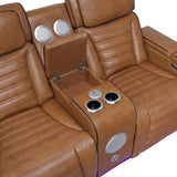 Cyber Brown Power Double Reclining Loveseat With Center Console Power Headrests Storage Arms Cup Holders Wireless Speakers With Sub-woofer Air Massage Heat Led Lighting And Charging Ports - Ornate Home