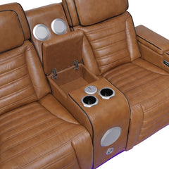 Cyber Brown Power Double Reclining Loveseat With Center Console Power Headrests Storage Arms Cup Holders Wireless Speakers With Sub-woofer Air Massage Heat Led Lighting And Charging Ports - Ornate Home