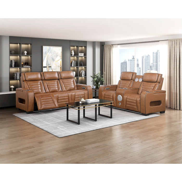 Cyber Brown Power Double Reclining Loveseat With Center Console Power Headrests Storage Arms Cup Holders Wireless Speakers With Sub-woofer Air Massage Heat Led Lighting And Charging Ports - Ornate Home