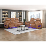Cyber Brown Power Double Reclining Loveseat With Center Console Power Headrests Storage Arms Cup Holders Wireless Speakers With Sub-woofer Air Massage Heat Led Lighting And Charging Ports - Ornate Home